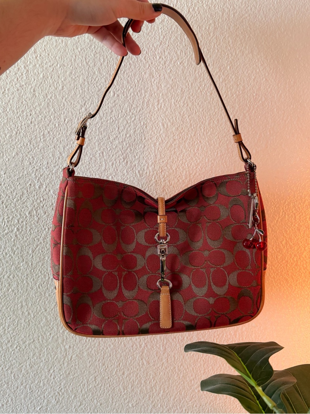 Coach Red Signature Canvas Shoulder Bag with Tan Trim